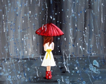 5" by 7" giclee Print of girl in the rain - Walk Through The Rain