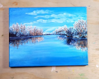 冬の湖の風景 アクリル画 - Etsy 日本