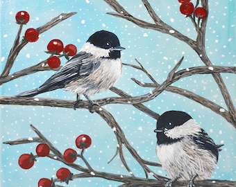 Winter Chickadee Bird Acrylic Painting