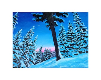 Pintura acrílica original de paisaje de bosque invernal.