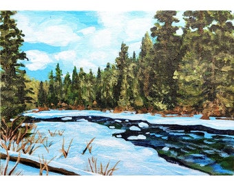 Étude de peinture acrylique originale de paysage de rivière d'hiver