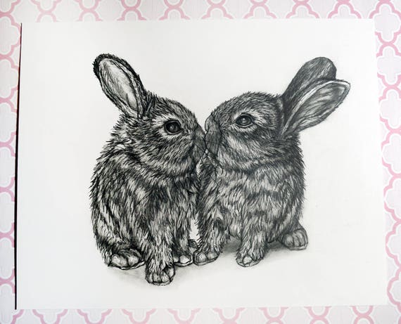 うさぎの鉛筆画 - うさぎのキス 1 - Etsy 日本