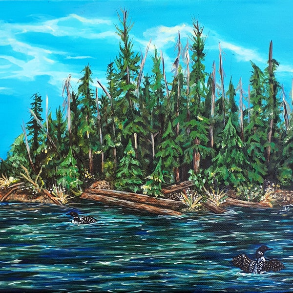 Original Landscape Forest Lake Acrylic Painting