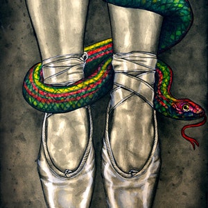 May include: Watercolour illustration of ballet pointe shoes with white ribbons, and a colourful snake wrapped around the ankles. The snake is green, red, yellow, and orange. The background is a dark grey.