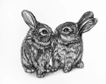 Konijn potlood tekening - 1 Bunny Kiss
