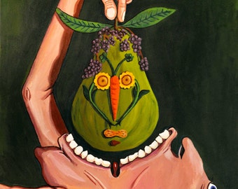 Pode incluir: Uma pintura surreal de uma mão segurando uma pêra verde com um rosto feito de flores e um nariz de cenoura. A pêra está sendo abaixada em uma boca aberta com dentes.