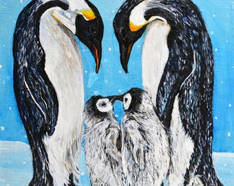 Penguin original Acrylic Painting - Penguin Family