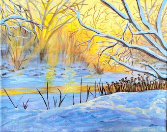 Sunny Winter Landscape Original Acrylic Painting - Winter Sun