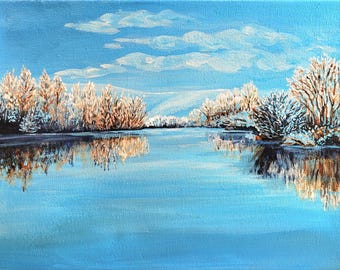 冬の湖の風景 アクリル画 - Etsy 日本