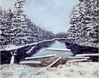 Peinture acrylique originale de paysage de lac de neige d'hiver