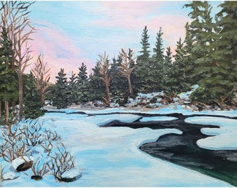 Peinture acrylique originale de paysage de coucher de soleil d'hiver