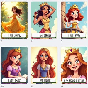 Carte di Affermazione Giornaliere per Bambini - Tema Principessa Affascinante e Libro Cosmico - Dialogo Interiore Positivo e Rafforzamento della Fiducia