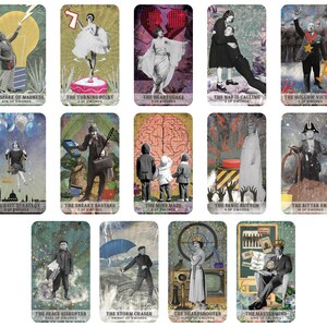 May include: A collection of tarot cards with vintage-style illustrations. Each card features a unique image and title, such as "The Spark of Madness" and "The Turning Point." The cards have a distressed, aged appearance, with a mix of colors.