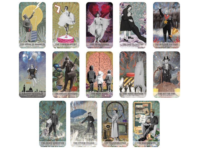 May include: A collection of tarot cards with vintage-style illustrations. Each card features a unique image and title, such as "The Spark of Madness" and "The Turning Point." The cards have a distressed, aged appearance, with a mix of colors.