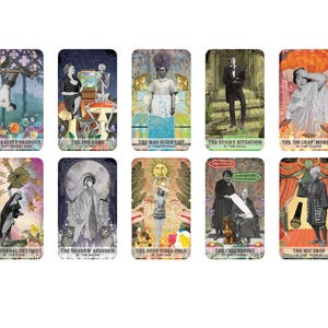 May include: A collection of ten tarot cards with unique illustrations and text. Each card features a different image and title, including "The Hanged Man," "Death," "Temperance," and "The Devil." The cards have a vintage aesthetic with a mix of colors.