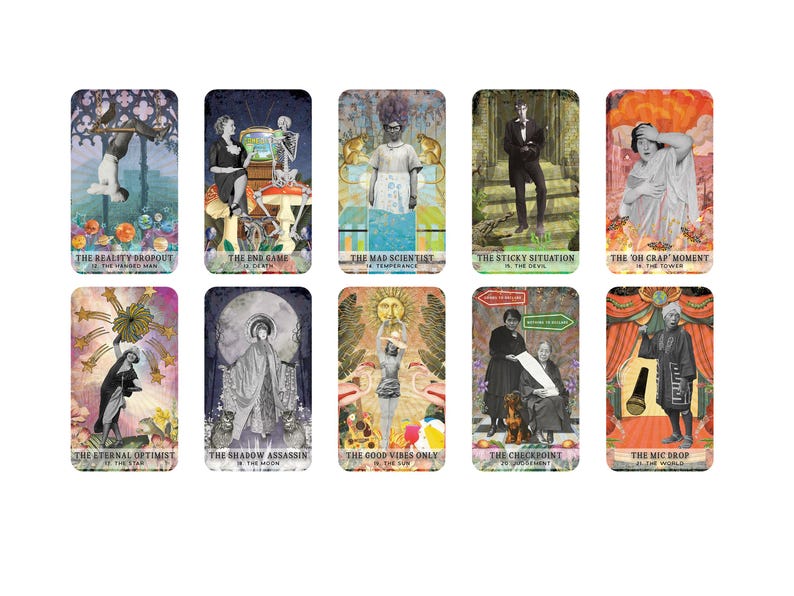 May include: A collection of ten tarot cards with unique illustrations and text. Each card features a different image and title, including "The Hanged Man," "Death," "Temperance," and "The Devil." The cards have a vintage aesthetic with a mix of colors.