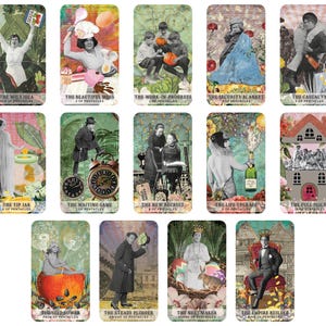 May include: A collection of tarot cards with vintage-style illustrations. Each card features a unique image and title, such as "The Wild Idea" and "The Beautiful Mess." The cards are rectangular with rounded corners, and the overall aesthetic is a collage of images.