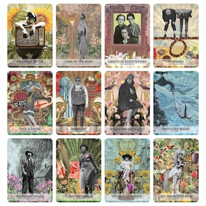May include: A set of 12 colorful cards with collage artwork and text. Each card features a unique image and a title, such as "Find Your Truth", "Fork in the Road", and "Lost & Found".