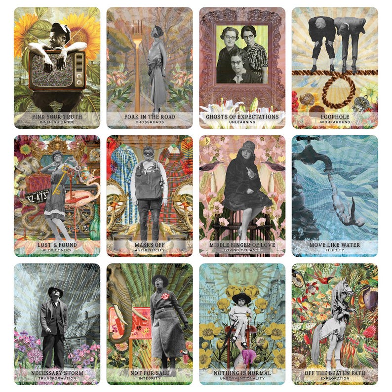 May include: A set of 12 colorful cards with collage artwork and text. Each card features a unique image and a title, such as "Find Your Truth", "Fork in the Road", and "Lost & Found".