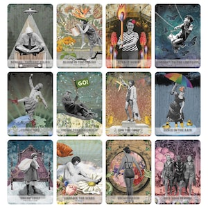 May include: A set of 12 colorful cards with illustrations and text. Each card features a unique image and a title. The cards are part of a deck of oracle cards.