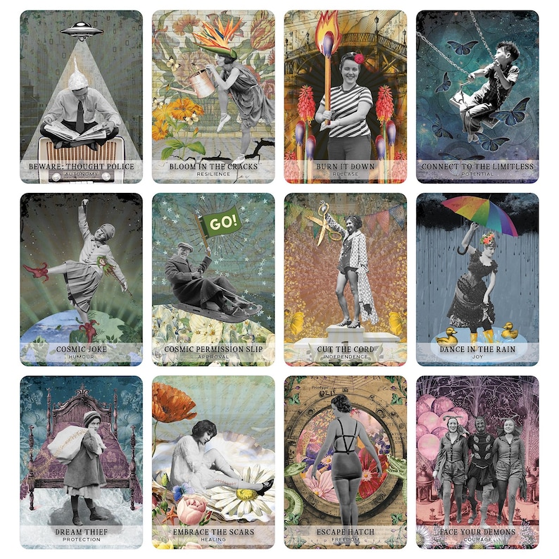 May include: A set of 12 colorful cards with illustrations and text. Each card features a unique image and a title. The cards are part of a deck of oracle cards.