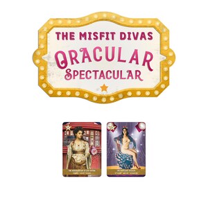 Puede incluir: Imagen de un letrero de marquesina con el texto "THE MISFIT DIVAS ORACULAR SPECTACULAR" en rosa y blanco. Debajo, dos cartas de tarot con ilustraciones de mujeres con atuendo vintage.