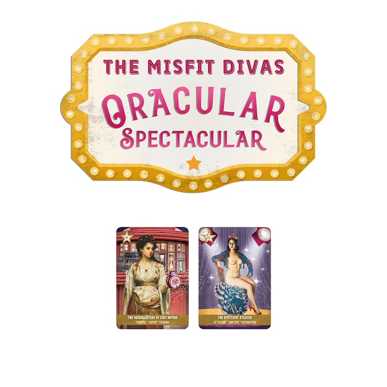 Puede incluir: Imagen de un letrero de marquesina con el texto "THE MISFIT DIVAS ORACULAR SPECTACULAR" en rosa y blanco. Debajo, dos cartas de tarot con ilustraciones de mujeres con atuendo vintage.