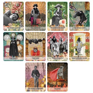 May include: A set of 10 tarot cards with colorful, vintage-inspired illustrations and text. Each card features a unique image and title, such as "The Secret Garden", "The Underdog", and "Time Bandit".