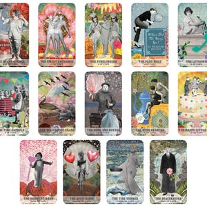 May include: A collection of tarot cards with vintage-style illustrations. Each card features unique artwork and text, including titles like "The Heart Opener," "The Sweet Exchange," and "The Mood Rider." The cards have a rectangular shape and are designed for divination or spiritual practices.