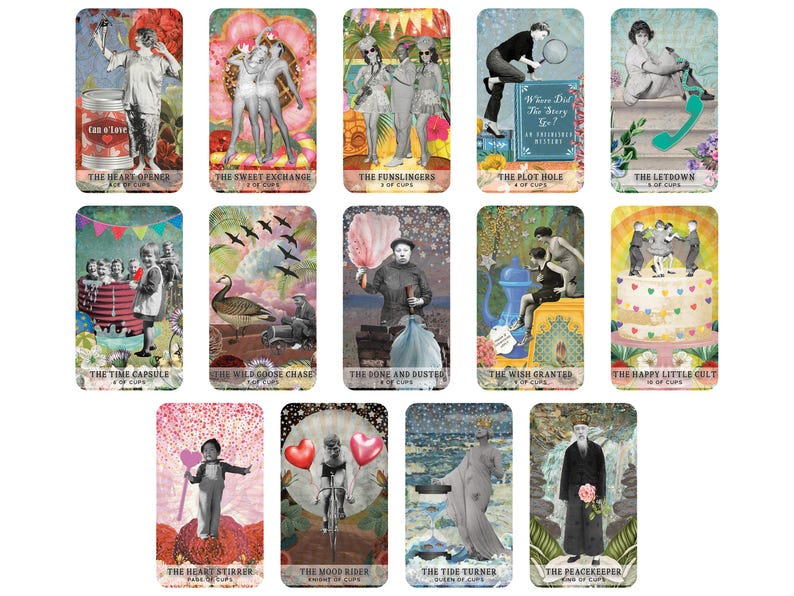 May include: A collection of tarot cards with vintage-style illustrations. Each card features unique artwork and text, including titles like "The Heart Opener," "The Sweet Exchange," and "The Mood Rider." The cards have a rectangular shape and are designed for divination or spiritual practices.