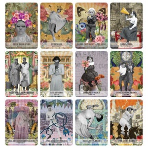May include: A set of 12 tarot cards with colorful, whimsical illustrations. Each card features a unique image and text, including "Open Your Eyes", "Queen Bee", "Rebel Without Applause", "Rebel Vell", "Reclaim the Mundane", "See Beyond", "Sneaky Tricks", "Soul Contraband", "The Art of Disappearing", "The Great Unplug", "The Last Laugh", and "The Long Game".