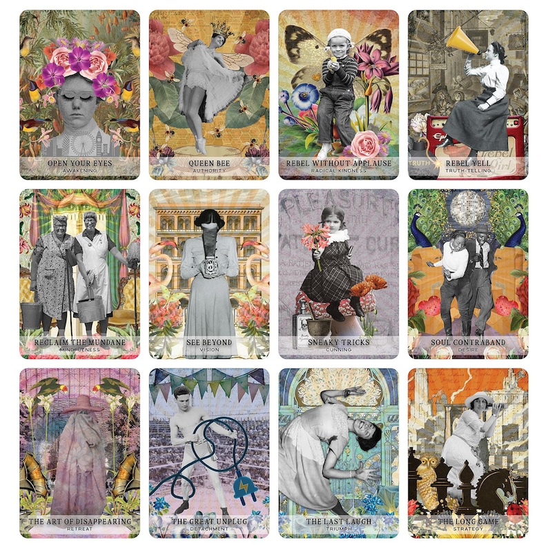 May include: A set of 12 tarot cards with colorful, whimsical illustrations. Each card features a unique image and text, including "Open Your Eyes", "Queen Bee", "Rebel Without Applause", "Rebel Vell", "Reclaim the Mundane", "See Beyond", "Sneaky Tricks", "Soul Contraband", "The Art of Disappearing", "The Great Unplug", "The Last Laugh", and "The Long Game".