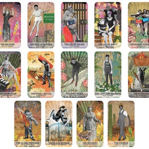 May include: A set of twelve tarot cards with vintage-style illustrations. Each card features a unique collage with figures, text, and imagery. The cards include titles like "The Big Bang," "The Edge of Mayhem," and "The Rising Star."