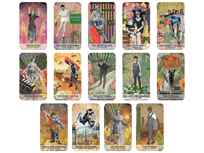 May include: A set of twelve tarot cards with vintage-style illustrations. Each card features a unique collage with figures, text, and imagery. The cards include titles like "The Big Bang," "The Edge of Mayhem," and "The Rising Star."