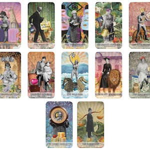 May include: A collection of tarot cards with vintage-style illustrations. Each card features unique artwork and text, including titles like "The Free Radical," "The Hustler," and "The Beast Whisperer." The cards have a rectangular shape with rounded corners.