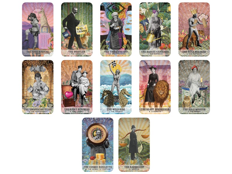May include: A collection of tarot cards with vintage-style illustrations. Each card features unique artwork and text, including titles like "The Free Radical," "The Hustler," and "The Beast Whisperer." The cards have a rectangular shape with rounded corners.