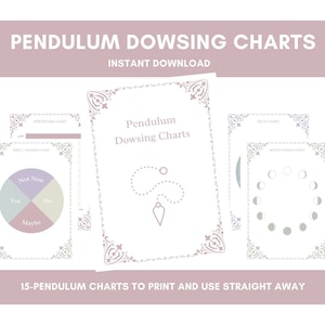 May include: A set of 15 printable pendulum dowsing charts with decorative borders. The charts include a percentage chart, a direct answer chart, a truth chart, and a moon phases chart. The charts are designed for use with a pendulum to help with decision making and spiritual exploration.