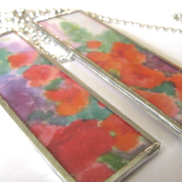 Glass Art Pendant Necklace- Spring Watercolors- Pink, Orange and Purple - Two Sided Hand Soldered