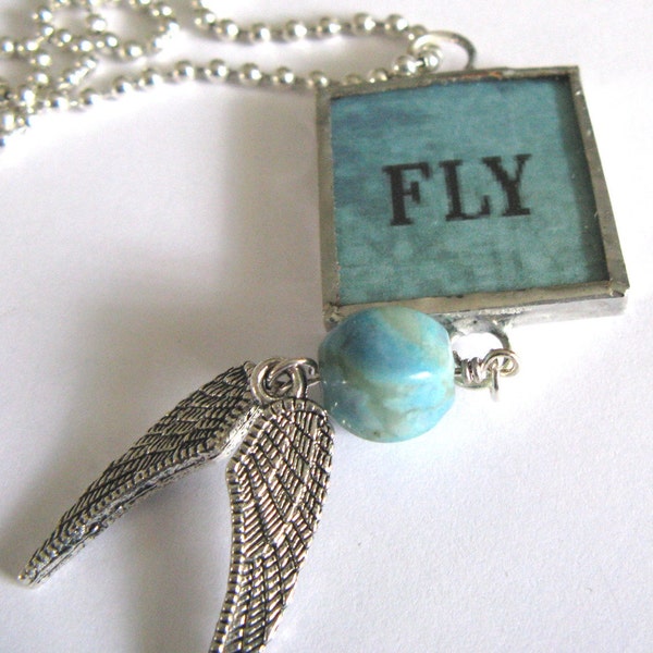 Glass Art Mini Pendant with Beads - Fly in Aqua - Two Sided Hand Soldered Glass Charm