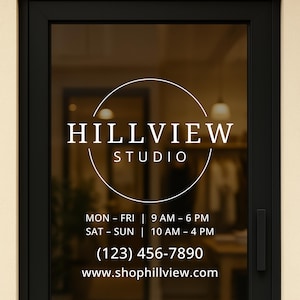 Custom Business Name and Hours Decal – Vinyl Storefront Window Sign – Company Logo with Store Hours for Glass Door or Shop Front
