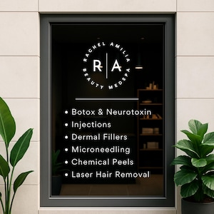 Custom Business Logo Decal with Services List – Vinyl Storefront Window Sign – Personalized Branding Sticker for Door, Wall, or Glass