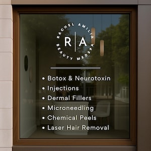 Custom Business Logo Decal with Services List – Vinyl Storefront Window Sign – Personalized Branding Sticker for Door, Wall, or Glass