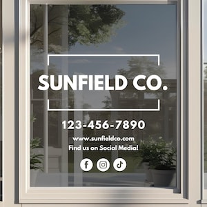 Custom Business Logo and Contact Info Decal – Storefront Window Sign with Phone Number, Website, Social Media Icons