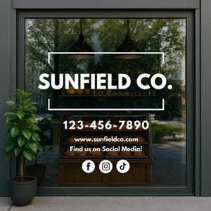 Custom Business Logo and Contact Info Decal – Storefront Window Sign with Phone Number, Website, Social Media Icons