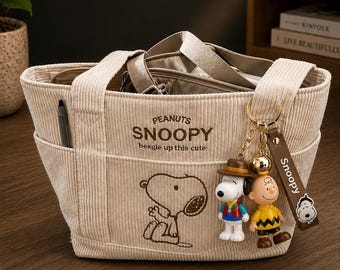 Snoopy Corduroy Tote Bag charm Gifts , Peanuts Cartoon Shoulder vintage Bag, Cozy Handbag, Embroidered Dog Gift