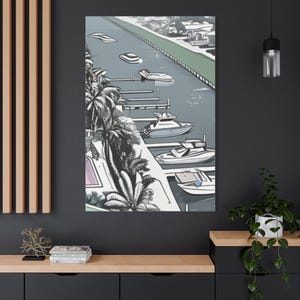 Canvas Wall Art, Coastal Scene Canal Boats Artwork, Nautical Home Decor, Maritime Painting Print, Ocean Pier Picture, Sea Harbor Poster