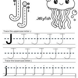 Puede incluir: Hoja de trabajo en blanco y negro para aprender la letra "J". Incluye ejercicios de trazo para la "J" mayúscula y minúscula, un dibujo de una medusa y la palabra "jellyfish".