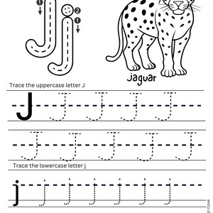 Puede incluir: Hoja de trabajo en blanco y negro para aprender la letra "J". Incluye ejercicios de trazo para la "J" mayúscula y minúscula, un dibujo de un jaguar y la palabra "jaguar".