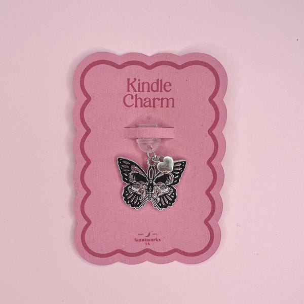 Black & Silver Moth Skull Kindle Dust Plug Charm | Gothic Dark Romance Bookish Charm
