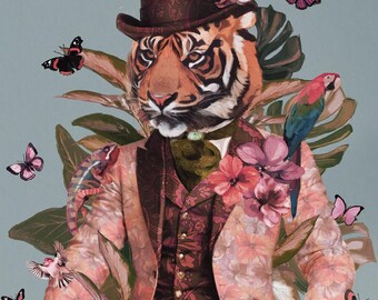Quadro da parete con ritratto di tigre, stampa di animale vestito, decorazione stravagante per gentiluomini, illustrazione in stile vittoriano